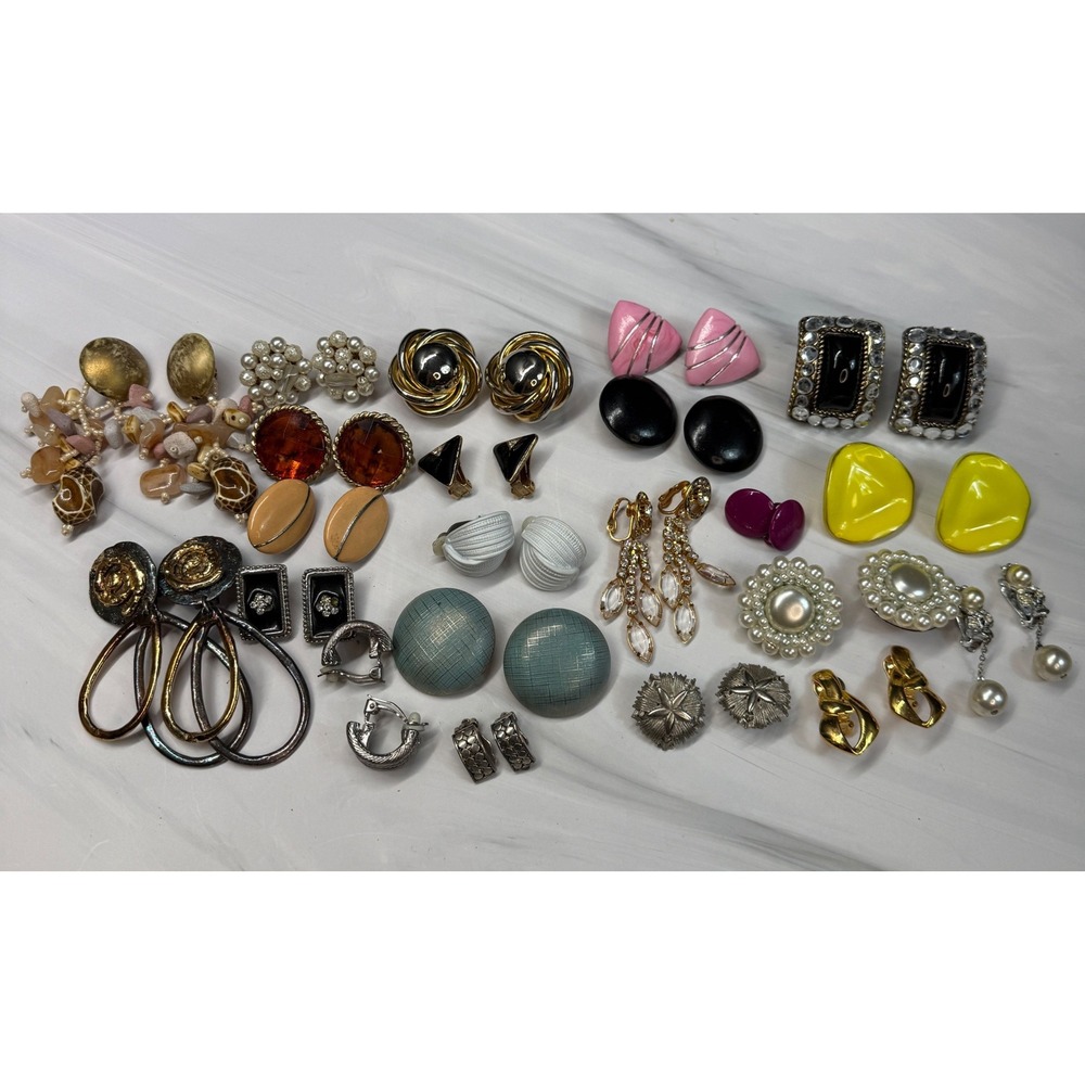 Vintage Clip On Earrings Lot 20 Pairs 80s Retro Enamel Faux Pearl Geometric